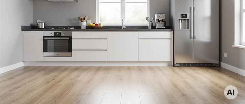 Weiße Einbauküche mit hellem Vinylboden in Holzoptik