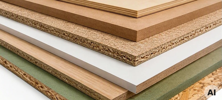 Verschiedene Holzwerkstoffplatten im Querschnitt gestapelt – Span-, MDF- und beschichtete Platten.