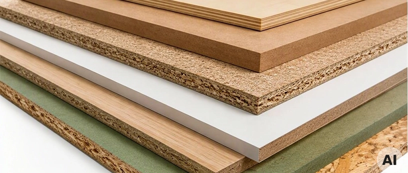 Verschiedene Holzwerkstoffplatten im Querschnitt gestapelt – Span-, MDF- und beschichtete Platten.